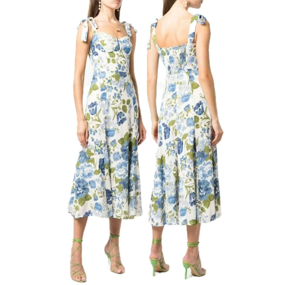 REFORMATION Nadira Lucca Floral Pattern Sleeveless Midi Dress (Blue/Cream/Green) - Picture 2 of 16